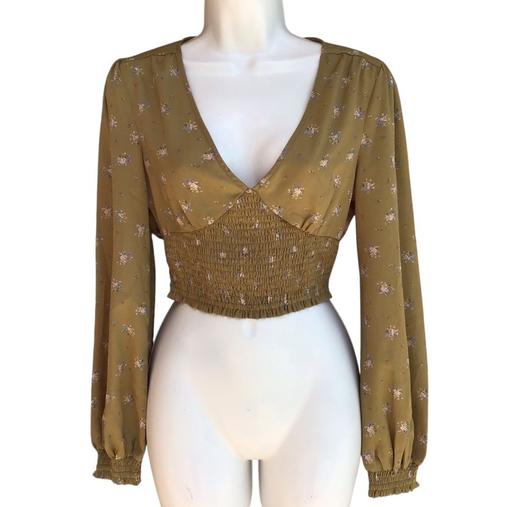 Urban Outfitters Green Floral Smocked Long Sleeve Crop Top